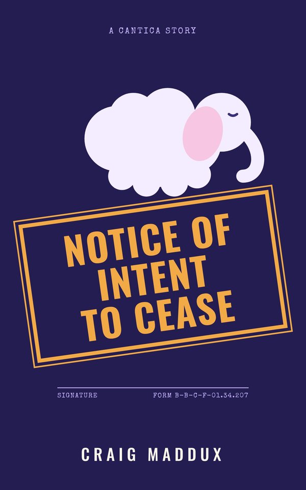 Cover of Notice of Intent to Cease: a sleeping cloud-elephant above an orange rubber stamp